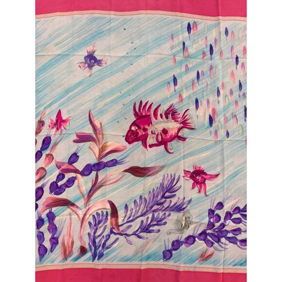 Vintage Silk Square Scarf With Hand-Painted Tropical Fish & Seaweed Design In Vi - Picture 2 of 5